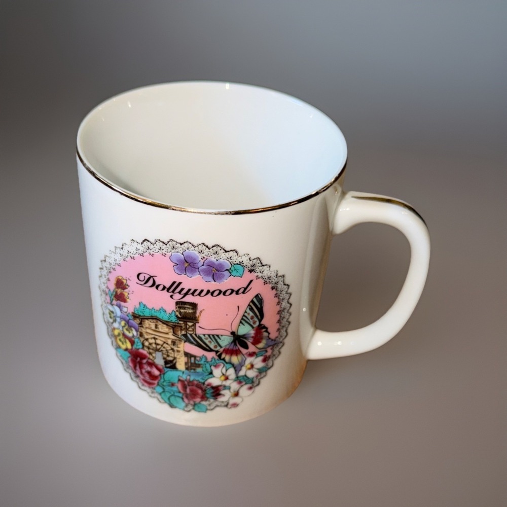 Vtg RARE 80s Dolly Parton "Dollywood" Floral Souvenir Tea‎ Mug Glass Gold